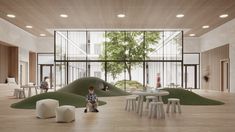 a child sitting on a stool in the middle of a room with grass covering the floor