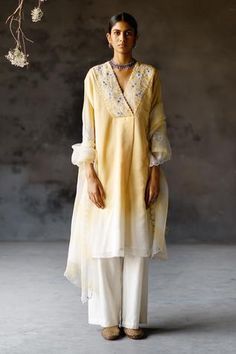 Shop for Shikha Mehta Yellow Advika Silk Chanderi Overlap Kurta Set for Women Online at Aza Fashions Yellow Indian Suit, Best Designer Suits, Sheer Dupatta, Yellow Kurta, Mirror Embroidery, Chanderi Kurta, Kurta Set For Women, Yellow Ombre, Indian Kurta