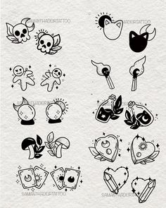 some black and white drawings on paper with different symbols in the shape of heart shapes