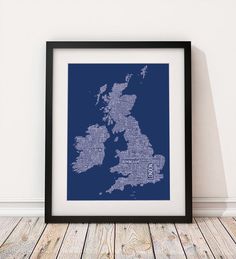 a framed blueprint map of the united kingdom