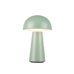 a green table lamp with a white light on the top and bottom part of it