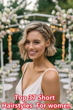 Bob Style Wedding Hair, Medium Short Bridesmaid Hair, Formal Hairstyles For Short Hair Shoulder Length, Hairstyle For Wedding For Short Hair, Short Hair For Bridesmaid, Braid And Curls Hairstyles Short Hair, Bridal Hair Ideas For Short Hair, Short Party Hairstyle Women, Shoulder Length Hairstyles Bridesmaid