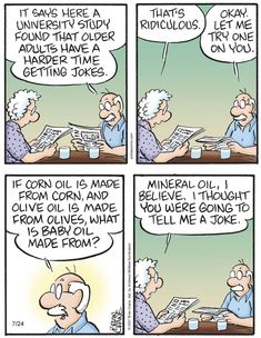 a comic strip with an older man sitting at a table