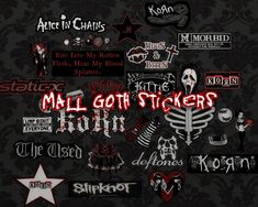 various stickers and decals on a black background with the words mail goths