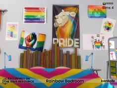 there is a rainbow bed room with pictures on the wall and other things around it