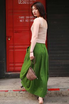 Long Linen Skirt, Handmade Skirts, Green Maxi, Bubble Skirt, Fall Fabric, Linen Skirt, Summer Skirts, Green Skirt, Fitted Skirt