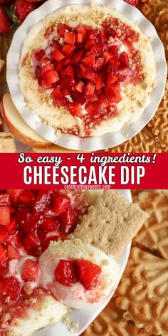 cheesecake dip with strawberries on top and waffles in the bottom, topped with whipped cream