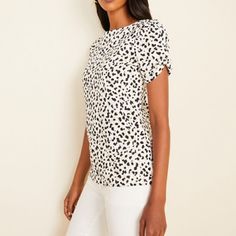 Bnwt!! This Spotted Tee Is Really Pretty With A Nice Crossover Knotted Detail At The Sleeves. All Over White, Black, And Beige Leopard Print. It Is A Very Relaxed Fit So It Looks Good Tucked In As Well As Out. Chic Printed Crew Neck Tops, Relaxed Fit Short Sleeve Tops With Dog Print, Spring V-neck Stretch Puff Sleeve Top, Side Tie Shirt, Pima Cotton Short Sleeve T-shirt, Cotton T-shirt With Polka Dot Pattern And Short Sleeves, Leopard Print Cotton T-shirt With Short Sleeves, Black Short Sleeve Shirt, Taylor White