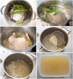 four pictures show how to make chicken broth