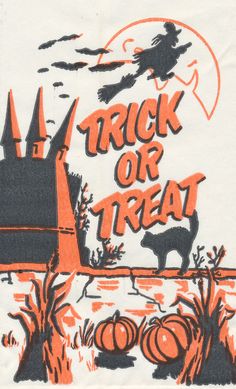 an image of a trick or treat sign with pumpkins in the foreground and witch flying over it