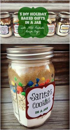 a jar filled with cookies sitting on top of a wooden table next to jars full of cookies