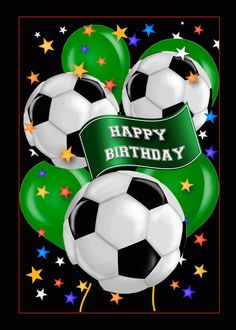 three soccer balls are in the middle of some green and white balloons with stars on them