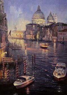 an oil painting of boats on the water in venice, italy at night with buildings and lights