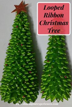 two green christmas trees with lights on them and the words looped ribbon christmas tree