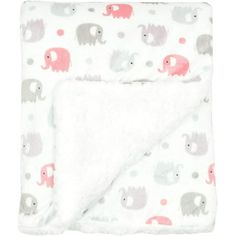 a blanket with pink and grey elephants printed on the front, along with white background