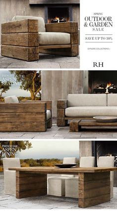 an outdoor furniture set made out of wood and concrete with fire pit in the background