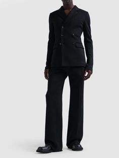 Front button and concealed zip closure. Belt loops. Two side pockets. Two back button pockets. Unlined Elegant Formal Bottoms With Double Button Closure, Tailored Straight Dress Pants With Buttons, Tailored Dress Pants With Buttons, Tailored Trousers Dress Pants With Buttons, Tailored Trousers Dress Pants, High-waisted Business Pants With Button Closure, Business High-waisted Pants With Button Closure, Straight Hem Pants With Button Closure For Work, Tailored Trousers With Button Closure