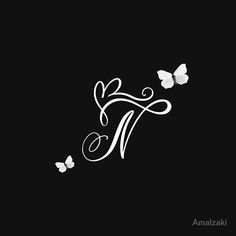 the letter n with butterflies flying around it on a black background by anasiaki