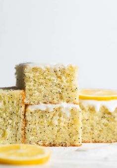 slices of lemon poppy seed cake stacked on top of each other