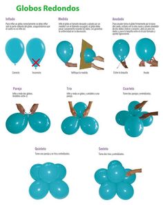 the instructions for how to make balloons in different shapes and sizes, including blue with brown tips