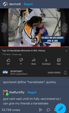 an image of two people kissing in front of hockey players on the sidelines, with text that reads top 10 handhak moments in hit history