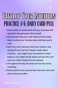 a purple and blue background with the words, developing your intention practice 1 daily card pull