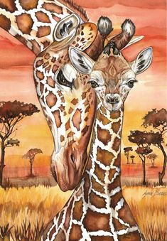 two giraffes standing next to each other in front of an orange sky