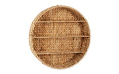 a round wicker shelf with three shelves on each side and one section open to show the