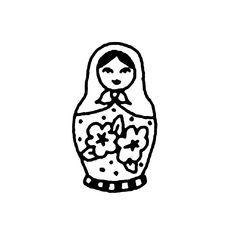 a black and white drawing of a matka doll with flowers in her hands on a white background