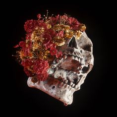 a skull with flowers in it's head