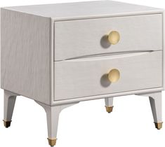 a white nightstand with two drawers and gold knobs on the bottom, against a white background