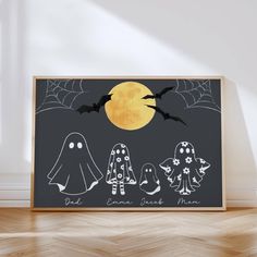 a black and yellow halloween poster with three ghostes