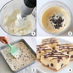 four pictures showing how to make chocolate chip cheesecakes