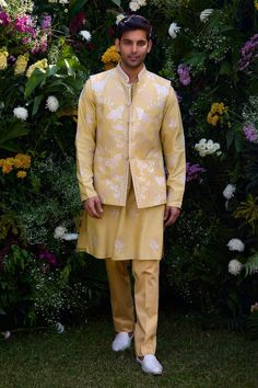 Lemon yellow cotton silk waistcoat with floral and thread patchwork embroidery. Comes with trouser and a kurta. - Aza Fashions Floral Waistcoat, Embroidered Waistcoat, Waistcoat Pattern, Silk Patchwork, Patchwork Embroidery, Kurta Set For Men, Cocktail Reception, Luxury Sale, Nehru Jackets