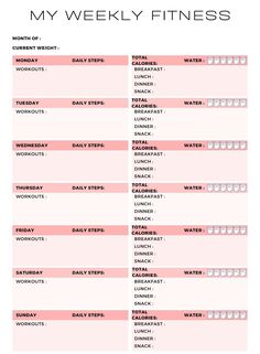 a printable workout schedule with the words'my weekly fitness'in black and pink