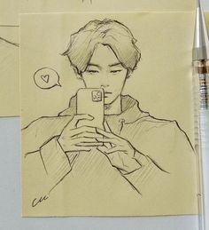 a drawing of a person holding a cell phone in front of two sheets of paper