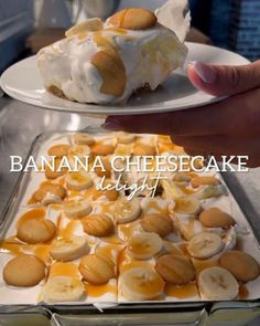 banana cheesecake with whipped cream and sliced bananas on the side, being served to guests