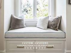 a window seat with pillows on it and the words custom cushions zippered from filled, pipped edges