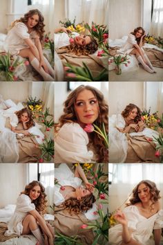 a woman laying on top of a bed with flowers in her hair and wearing a white dress