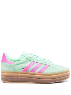 Gazelle low-top sneakers from adidas featuring mint green, fuchsia pink, calf leather, signature 3-Stripes logo, logo-print tongue, branded insole, round toe, front lace-up fastening and flat rubber sole. Adidas Originals Jeans, Womens Nmd R1, Adidas Gazelle Bold, Adidas Originals Ozweego, Adidas Originals Logo, Adidas Tech, Adidas Originals Shoes, Gazelle Bold, Adidas Shoes Originals