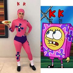 a woman in pink and purple is standing next to an image of spongebob