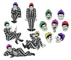 a bunch of clowns with different expressions on their faces and body, all dressed up in striped suits