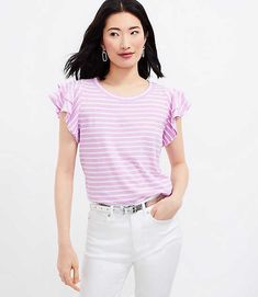 Loft Petite Striped Tiered Ruffle Sleeve T-Shirt Size 2XS Sweet Violet Women's by Loft Size Petite - 2XS Sweet Violet Women's Crew, Neck, Tees, Tops, Everyday, 100%, Cotton, Machine, Washable Summer Relaxed Fit T-shirt With Ruffles, Summer Relaxed Fit Ruffled T-shirt, Summer Ruffled Relaxed Fit T-shirt, Yellow Striped Shirt, Embroidered Tee Shirt, Feminine Ruffled Short Sleeve T-shirt, Cotton Ruffle T-shirt With Flutter Sleeves, Linen Tee, Scoop Neck Tee