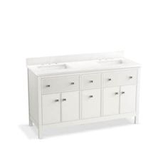 a white bathroom vanity with two sinks and three drawers on each side, against a white background