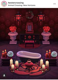 an animated bathroom with candles on the floor and a bathtub in front of it