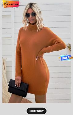 Orange Turtleneck Long Sleeve Knitted Sweater Dress Winter Sweater Dress In Solid Color, Winter Solid Color Mini Sweater Dress, Solid Color Mini Sweater Dress For Winter, Winter Mini Sweater Dress In Solid Color, Winter Mini-length Solid Color Sweater Dress, Winter Knitted Long Sleeve Mini Dress, Winter Long Sleeve Knitted Mini Dress, Knitted Long Sleeve Mini Dress For Winter, Long Sleeve Knitted Mini Dress For Winter