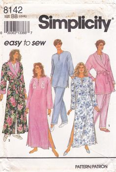 This Simplicity sewing pattern was designed in 1992. It makes pajamas, a robe and a caftan style nightgown. Sizes L XL: Bust 40 to 46   ---   Waist 32 to 39   ---   Hip 42 to 48. It is unused and still in factory folds. The instructions are included. The envelope is in good vintage condition. To see more lingerie patterns: https://www.etsy.com/shop/studioGpatterns?section_id=6940927 To visit my shop: https://www.etsy.com/shop/studioGpatterns Robe Pajamas, Pajamas Pattern, Lingerie Patterns, Pajama Pattern, Simplicity Sewing Patterns, Sewing Pattern Sizes, Professional Dresses, Contrast Collar, Simplicity Patterns