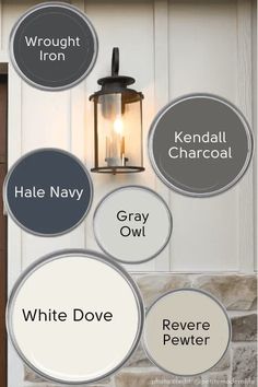 the names of different paint colors in front of a white door with a lantern on it