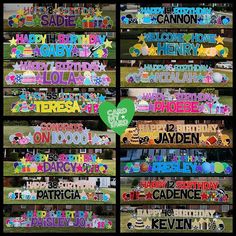 a collage of photos with the words happy birthday written in different colors and shapes