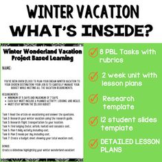 a poster with the words winter vacation what's inside? and an image of a green background